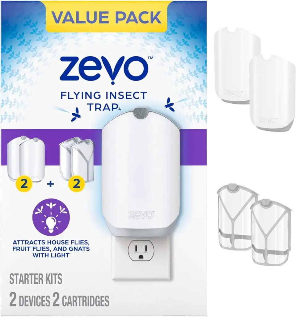 Zevo Flying Insect Trap, fruit fly trap, gnat trap, housefly trap, UV light insect trap, plug-in insect trap, Zevo trap refill cartridges, indoor insect trap, insect trap for kitchen, bathroom insect trap, indoor pest control, Zevo starter kit.