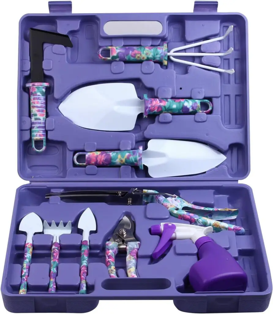 Garden tools set, JUMPHIGH garden tools, floral garden tools, ergonomic gardening tools, gardening tools for women, gardening kit for kids, gardening gifts for women, 10-piece gardening tools, lightweight garden tools, gardening tools with carry case.